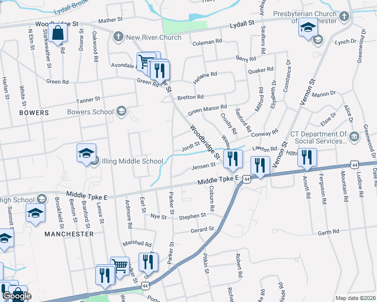 map of restaurants, bars, coffee shops, grocery stores, and more near 21 Jordt Street in Manchester
