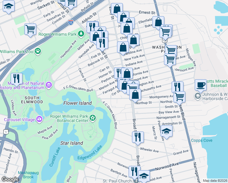 map of restaurants, bars, coffee shops, grocery stores, and more near 45 Farragut Avenue in Providence
