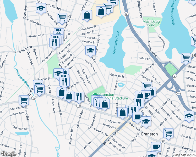 map of restaurants, bars, coffee shops, grocery stores, and more near 189 Harmon Avenue in Cranston