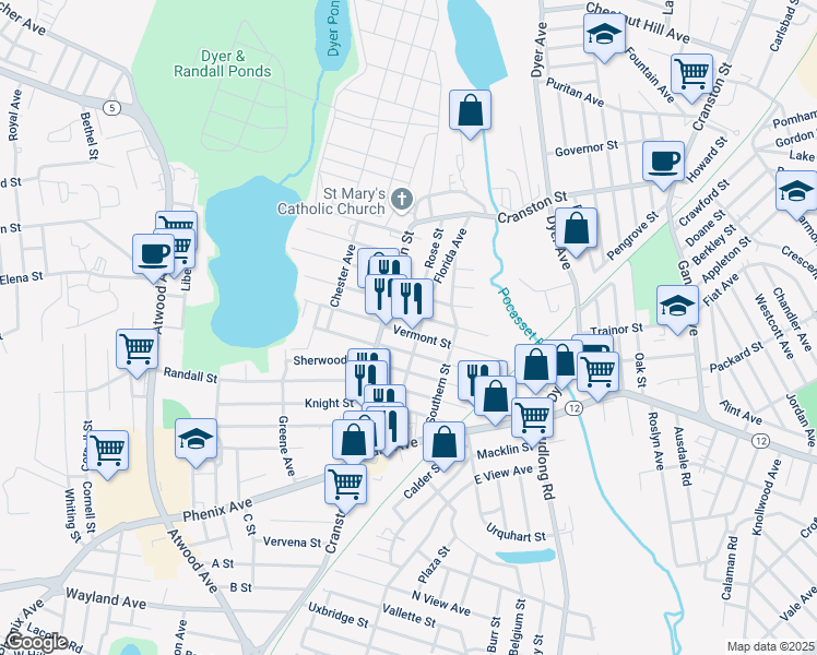 map of restaurants, bars, coffee shops, grocery stores, and more near 18 New Hampshire Street in Cranston