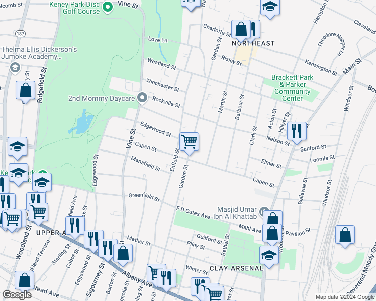 map of restaurants, bars, coffee shops, grocery stores, and more near in Hartford