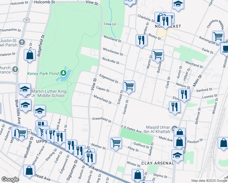 map of restaurants, bars, coffee shops, grocery stores, and more near 280 Capen Street in Hartford