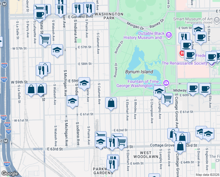 map of restaurants, bars, coffee shops, grocery stores, and more near 5916 South King Drive in Chicago