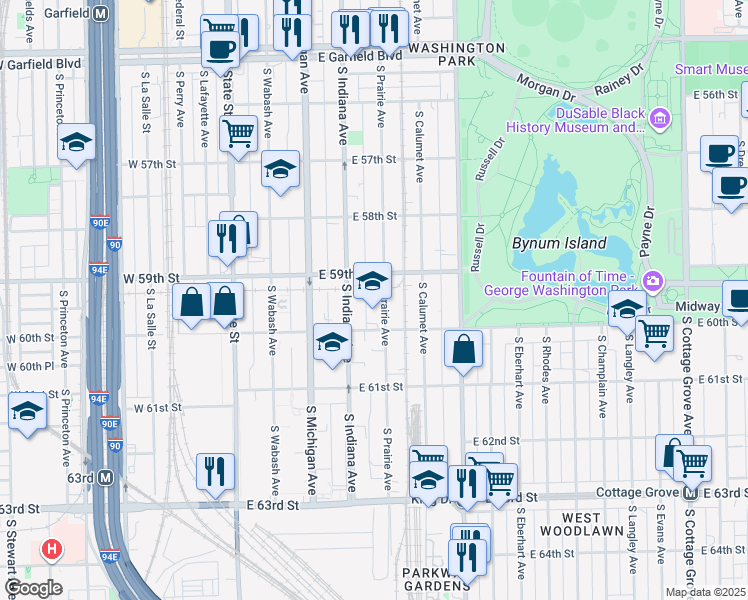 map of restaurants, bars, coffee shops, grocery stores, and more near 5910 South Prairie Avenue in Chicago