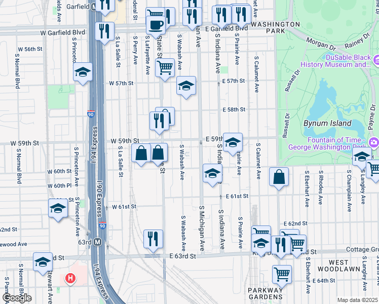 map of restaurants, bars, coffee shops, grocery stores, and more near 5910 South Michigan Avenue in Chicago