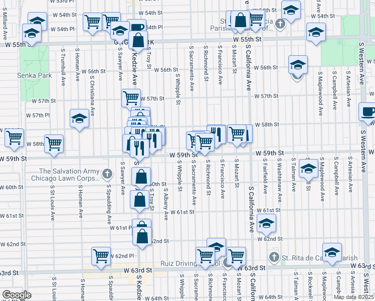 map of restaurants, bars, coffee shops, grocery stores, and more near 5842 South Sacramento Avenue in Chicago