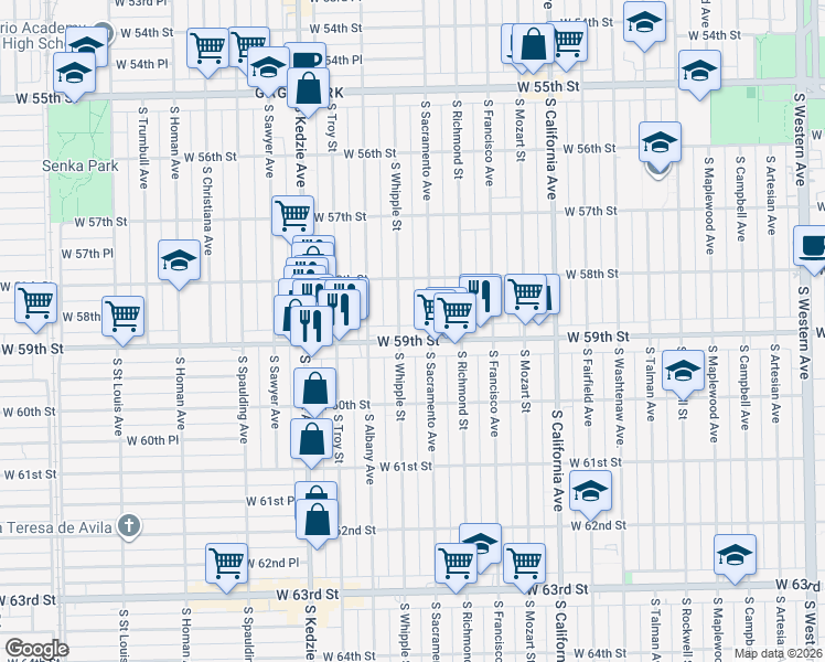 map of restaurants, bars, coffee shops, grocery stores, and more near 5842 South Sacramento Avenue in Chicago