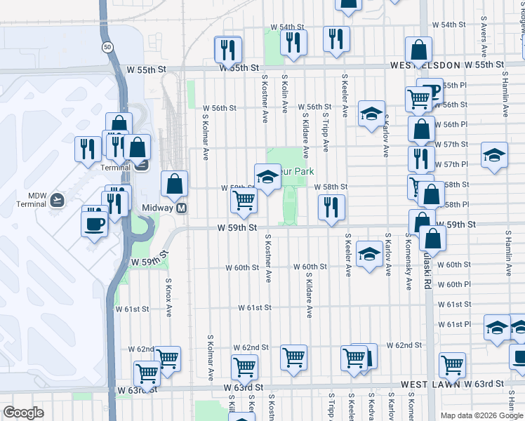 map of restaurants, bars, coffee shops, grocery stores, and more near 5823 South Kenneth Avenue in Chicago