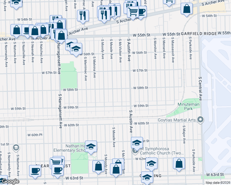 map of restaurants, bars, coffee shops, grocery stores, and more near 5759 South Meade Avenue in Chicago