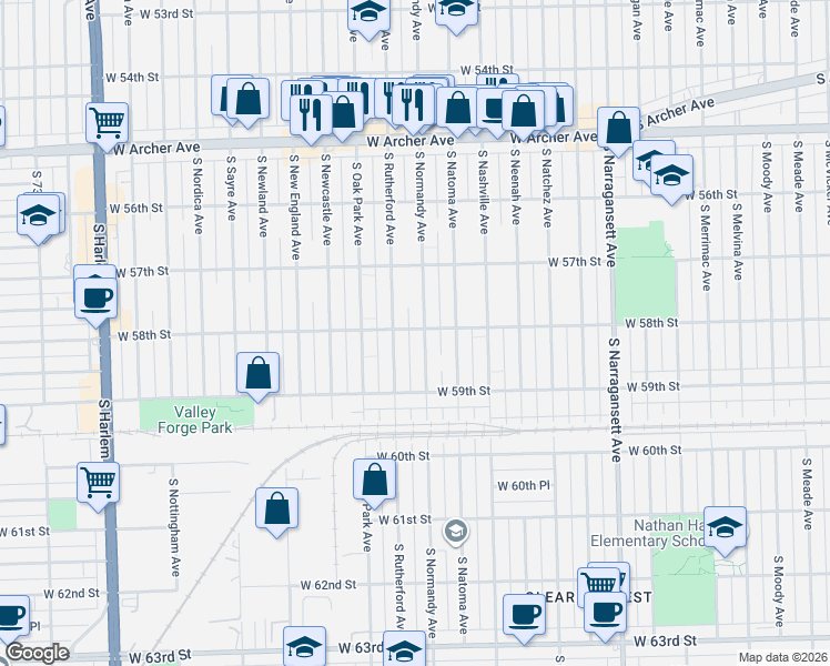 map of restaurants, bars, coffee shops, grocery stores, and more near 5754 South Normandy Avenue in Chicago