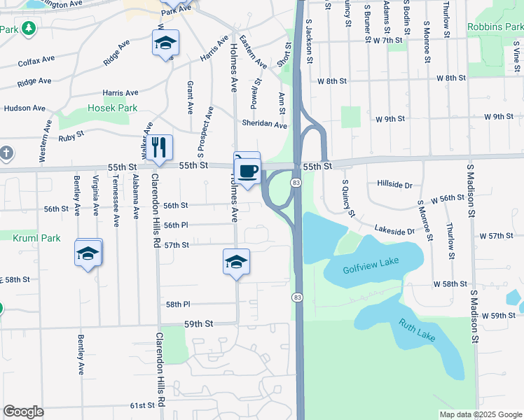map of restaurants, bars, coffee shops, grocery stores, and more near 417 Clarendon Court in Clarendon Hills