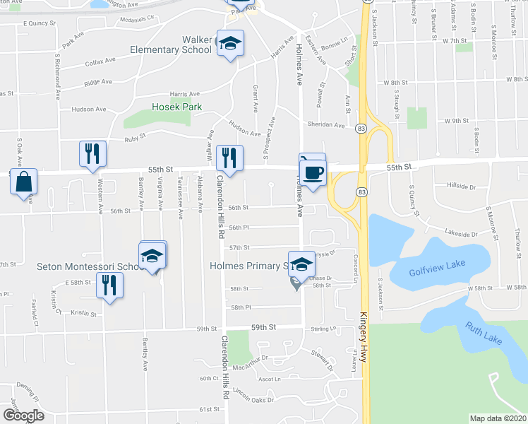 map of restaurants, bars, coffee shops, grocery stores, and more near 5530 Barclay Court in Clarendon Hills