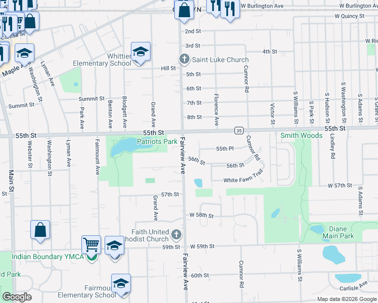 map of restaurants, bars, coffee shops, grocery stores, and more near 5516 Fairview Avenue in Downers Grove