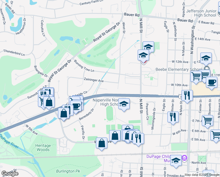 map of restaurants, bars, coffee shops, grocery stores, and more near 630 Zaininger Avenue in Naperville