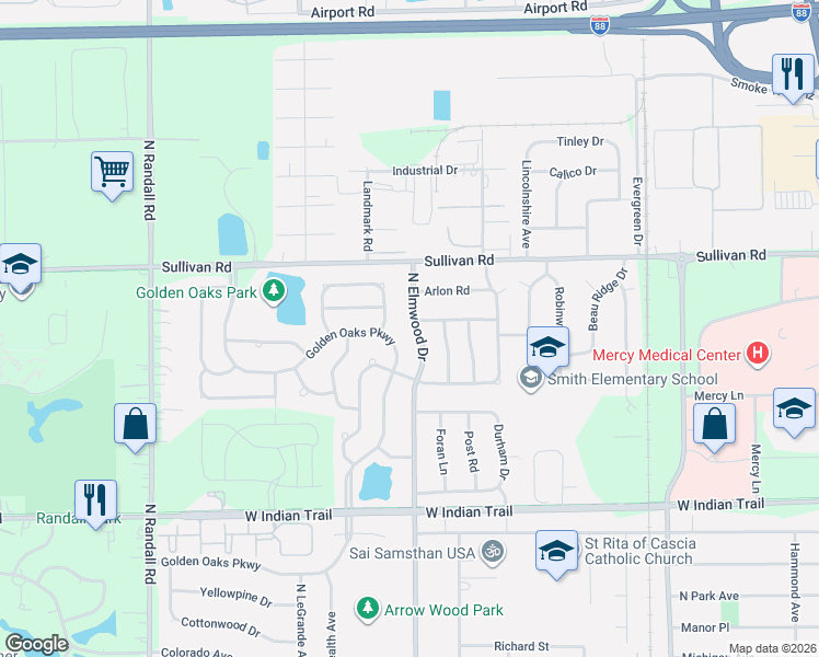 map of restaurants, bars, coffee shops, grocery stores, and more near 1420 North Elmwood Drive in Aurora
