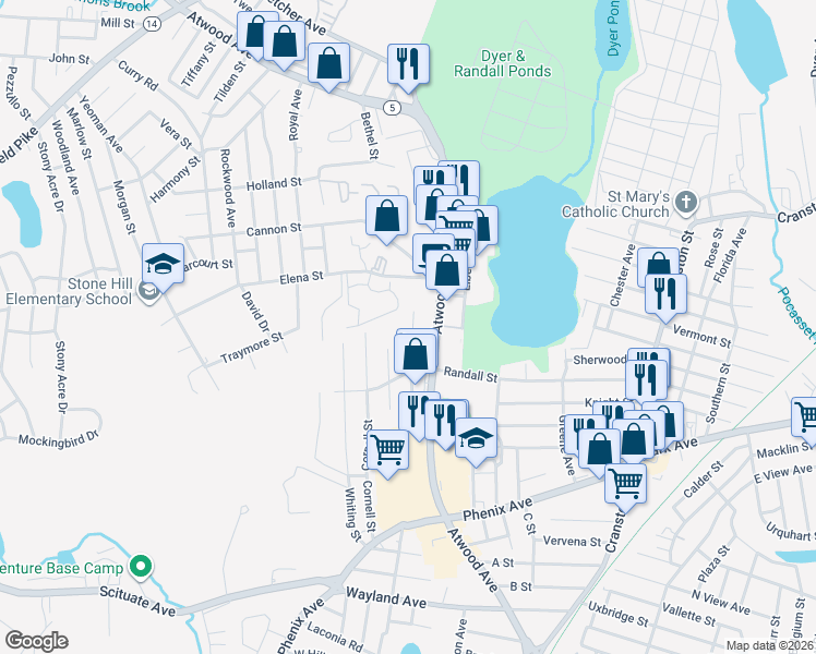 map of restaurants, bars, coffee shops, grocery stores, and more near 71 Berry Street in Cranston