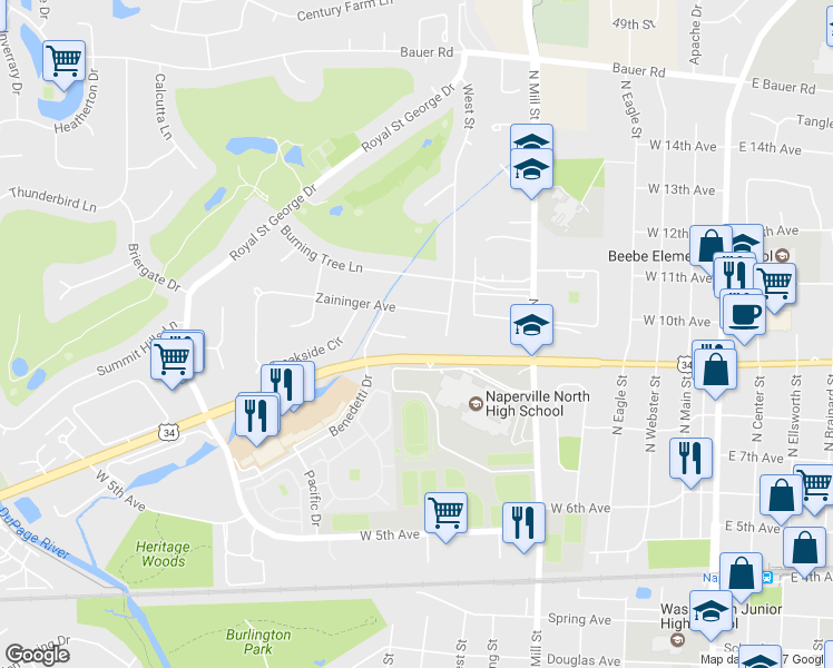 map of restaurants, bars, coffee shops, grocery stores, and more near 630 Zaininger Avenue in Naperville