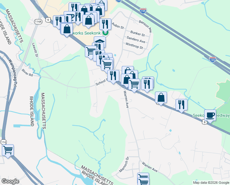 map of restaurants, bars, coffee shops, grocery stores, and more near 27 Circle Drive in Seekonk