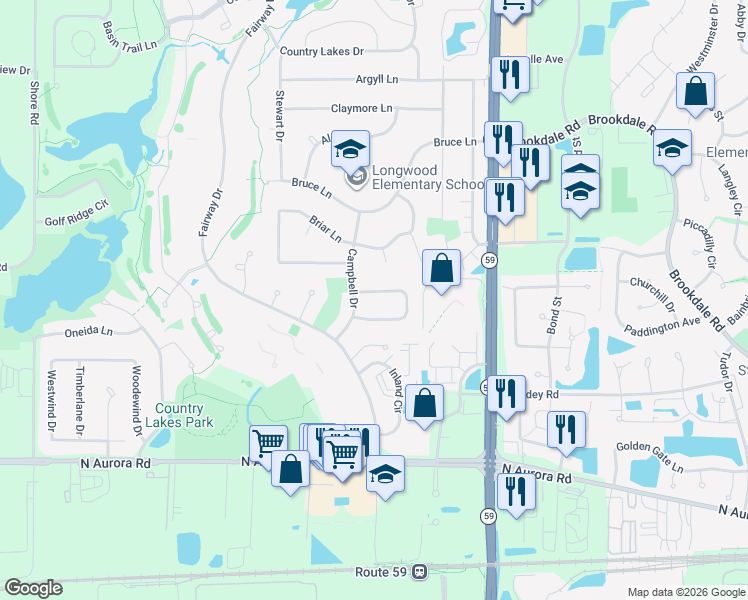 map of restaurants, bars, coffee shops, grocery stores, and more near 2080 Maplewood Circle in Naperville