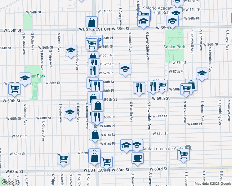 map of restaurants, bars, coffee shops, grocery stores, and more near 3846 West 58th Place in Chicago