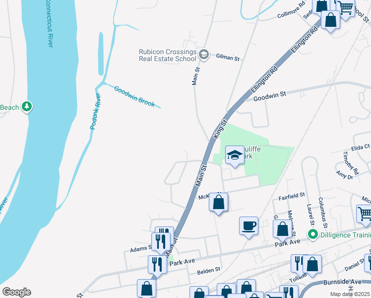 map of restaurants, bars, coffee shops, grocery stores, and more near 25 Fellows Lane in East Hartford