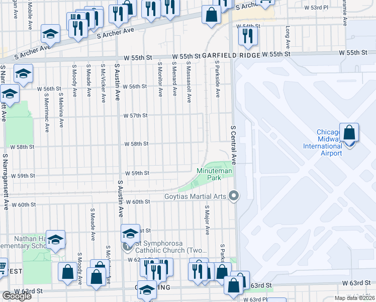 map of restaurants, bars, coffee shops, grocery stores, and more near 5814 South Massasoit Avenue in Chicago