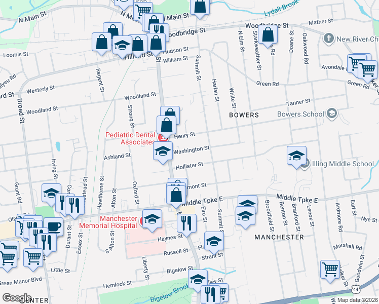 map of restaurants, bars, coffee shops, grocery stores, and more near 38 Washington Street in Manchester