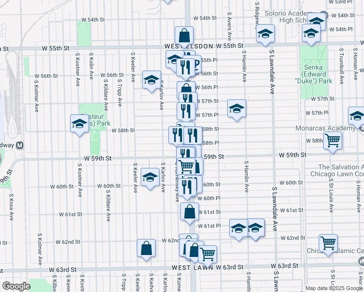map of restaurants, bars, coffee shops, grocery stores, and more near 4017 West 58th Place in Chicago