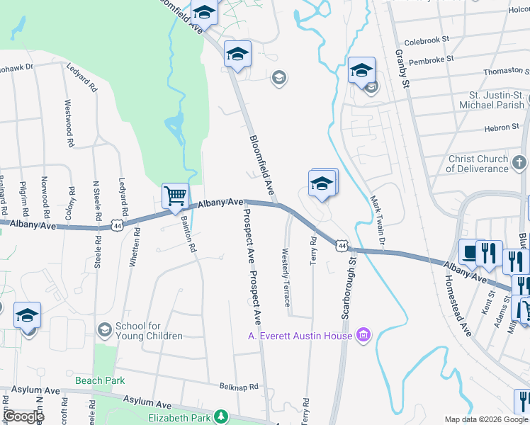 map of restaurants, bars, coffee shops, grocery stores, and more near 1789 Albany Avenue in Hartford