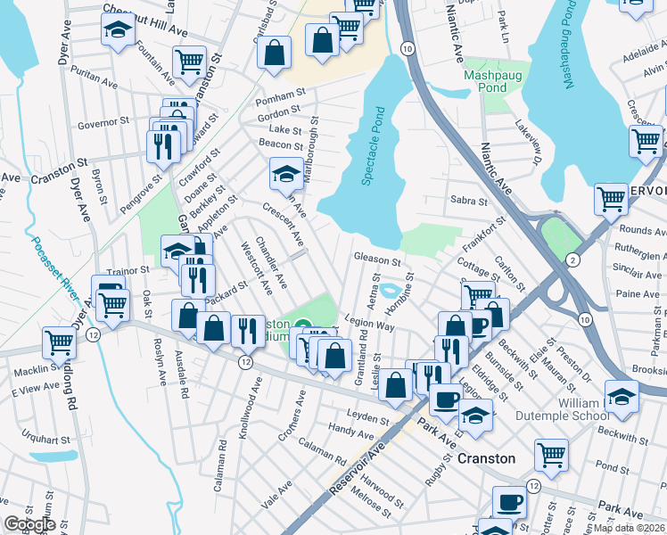 map of restaurants, bars, coffee shops, grocery stores, and more near 208 Harmon Avenue in Cranston
