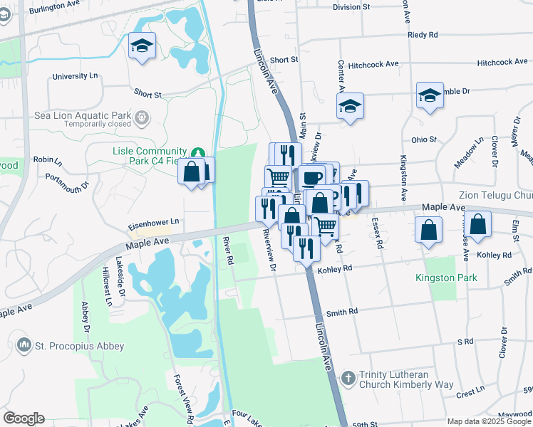 map of restaurants, bars, coffee shops, grocery stores, and more near 1156 Maple Avenue in Lisle