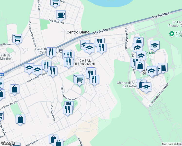 map of restaurants, bars, coffee shops, grocery stores, and more near 33 Via Michele Barbi in Città Metropolitana di Roma