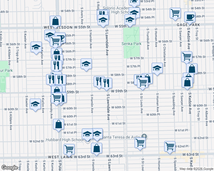 map of restaurants, bars, coffee shops, grocery stores, and more near 3652 West 58th Place in Chicago