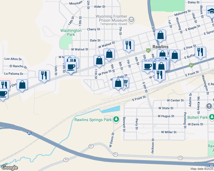 map of restaurants, bars, coffee shops, grocery stores, and more near West Buffalo Street in Rawlins