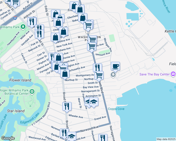 map of restaurants, bars, coffee shops, grocery stores, and more near 199 Alabama Avenue in Providence