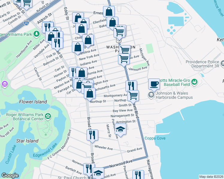 map of restaurants, bars, coffee shops, grocery stores, and more near 222 Washington Avenue in Providence