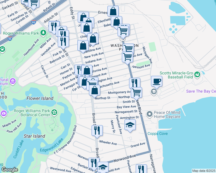 map of restaurants, bars, coffee shops, grocery stores, and more near 222 Washington Avenue in Providence