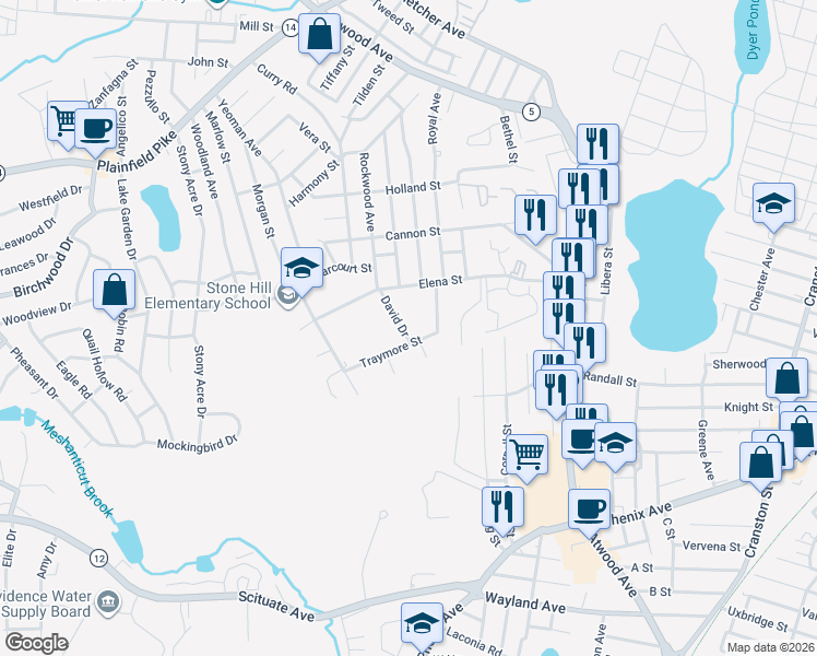 map of restaurants, bars, coffee shops, grocery stores, and more near 22 David Drive in Cranston
