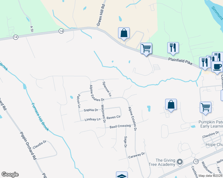 map of restaurants, bars, coffee shops, grocery stores, and more near 15 Sparrow Lane in Cranston