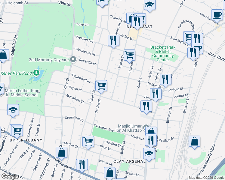 map of restaurants, bars, coffee shops, grocery stores, and more near 43 Martin Street in Hartford