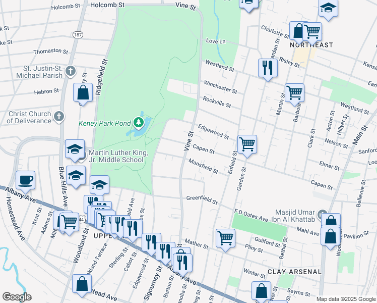 map of restaurants, bars, coffee shops, grocery stores, and more near 320 Capen Street in Hartford