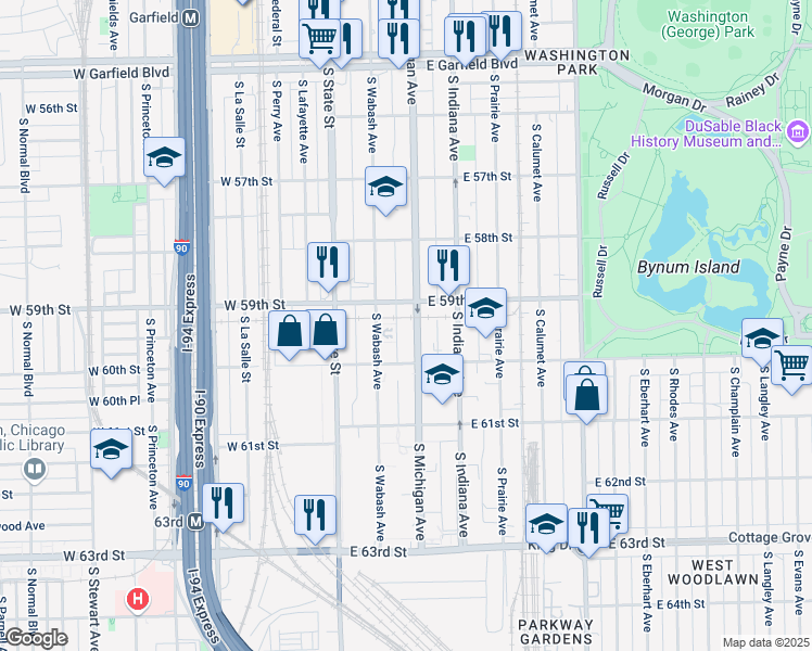 map of restaurants, bars, coffee shops, grocery stores, and more near 5910 South Michigan Avenue in Chicago