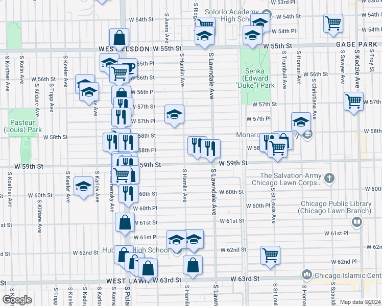 map of restaurants, bars, coffee shops, grocery stores, and more near 3736 West 58th Place in Chicago