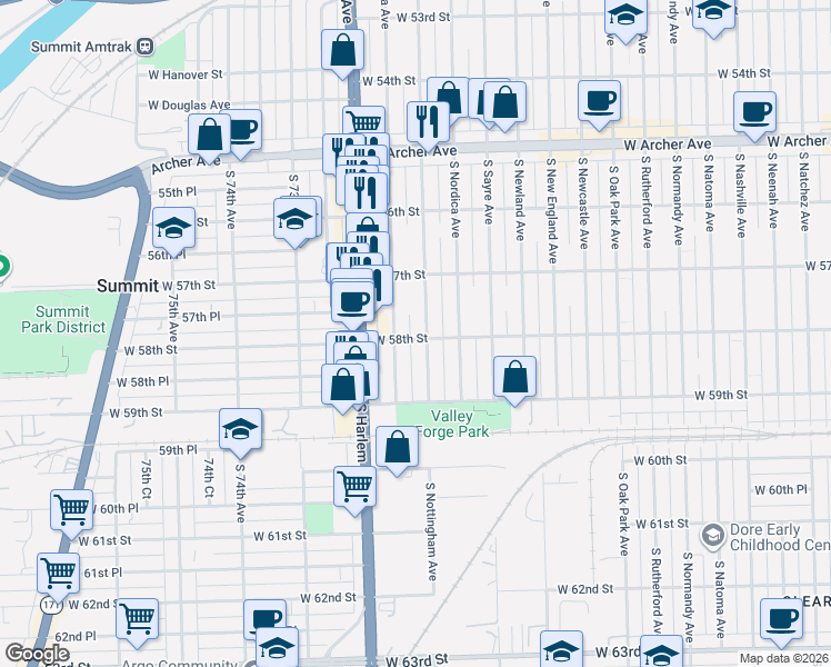 map of restaurants, bars, coffee shops, grocery stores, and more near 5747 South Neva Avenue in Chicago