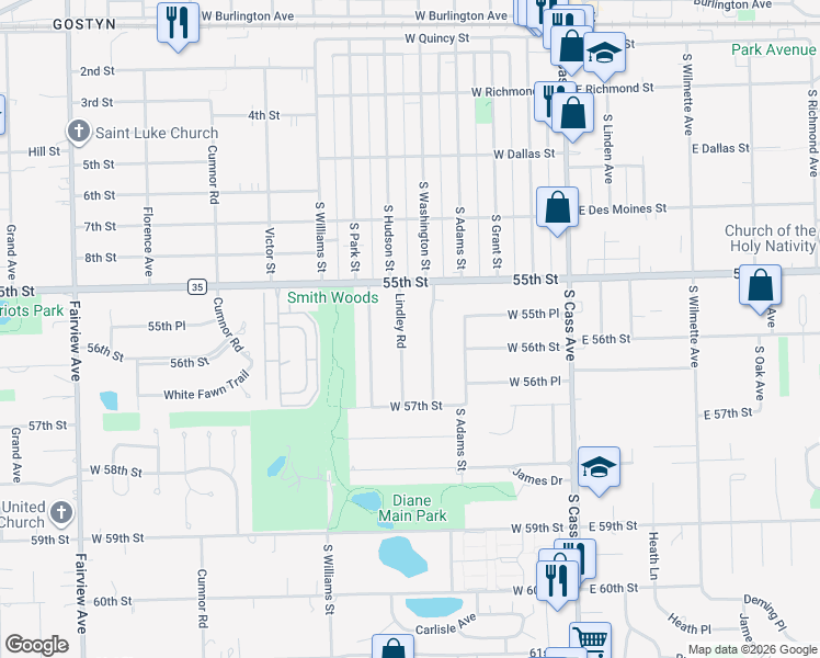 map of restaurants, bars, coffee shops, grocery stores, and more near 424 South Washington Street in Westmont