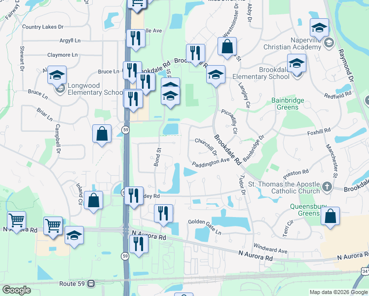 map of restaurants, bars, coffee shops, grocery stores, and more near 1861 Paddington Avenue in Naperville