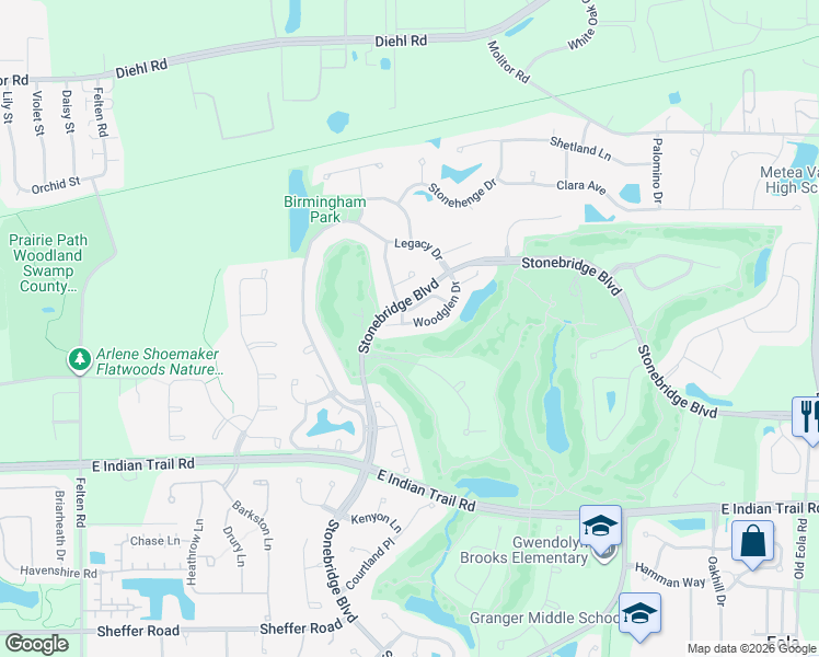 map of restaurants, bars, coffee shops, grocery stores, and more near 2372 Woodglen Drive in Aurora