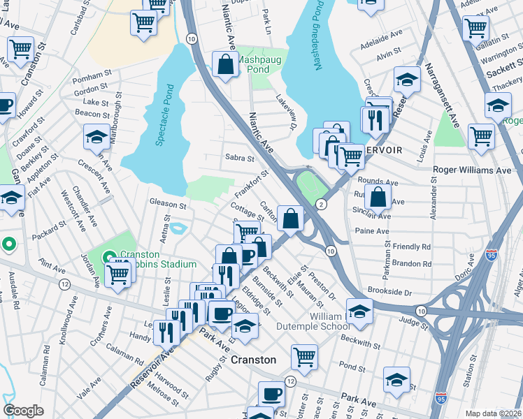 map of restaurants, bars, coffee shops, grocery stores, and more near 5 Cottage Circle in Cranston