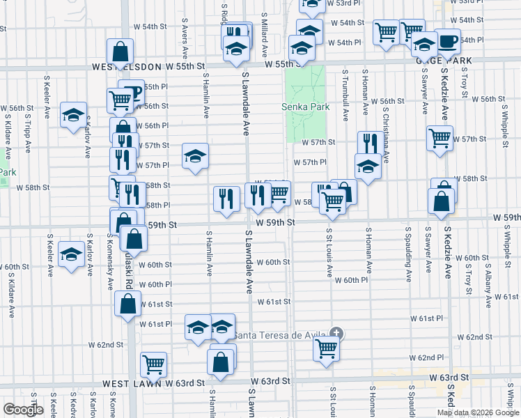 map of restaurants, bars, coffee shops, grocery stores, and more near 3652 West 58th Place in Chicago