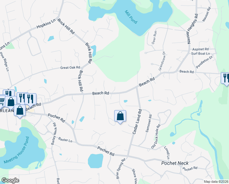 map of restaurants, bars, coffee shops, grocery stores, and more near 106 Beach Road in Orleans